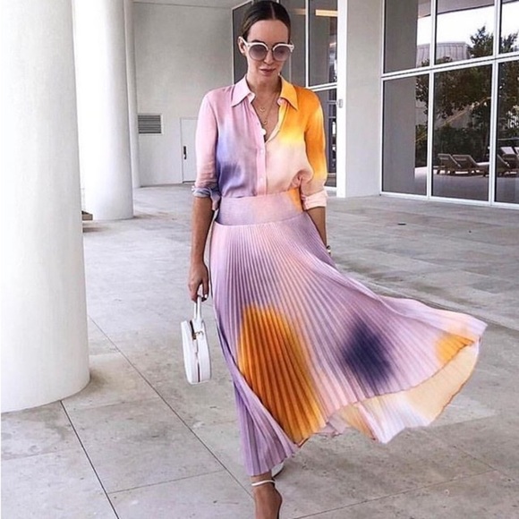 A.L.C. / Sonali ombre pleated midi dip dye shark bite hem skirt L Large - Picture 4 of 7